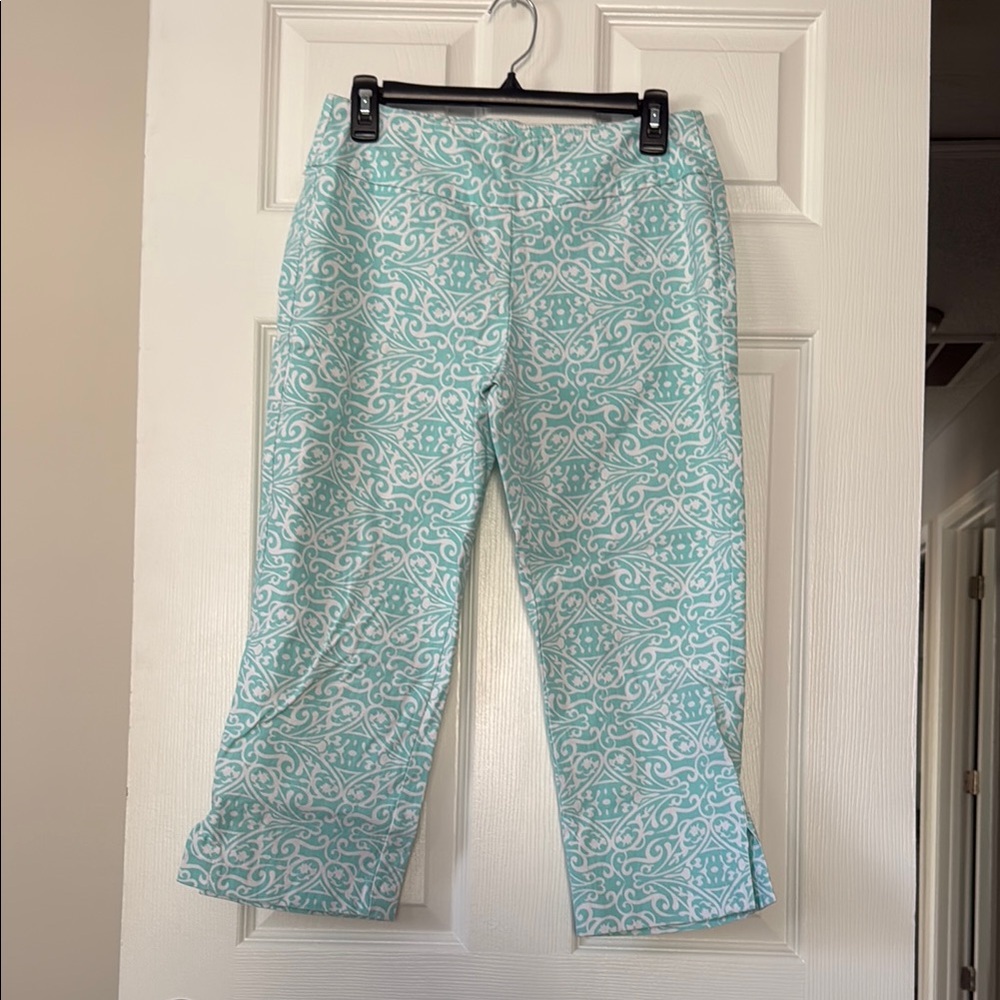 Breezes Aqua Patterned Capri Pants - image 1